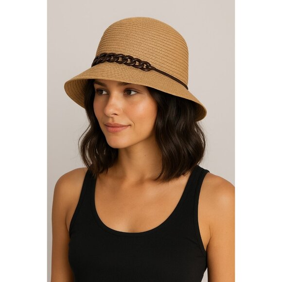San Diego Hat Company Women’s Straw Cloche Hat Brown Chain Trim One Size - Picture 6 of 6